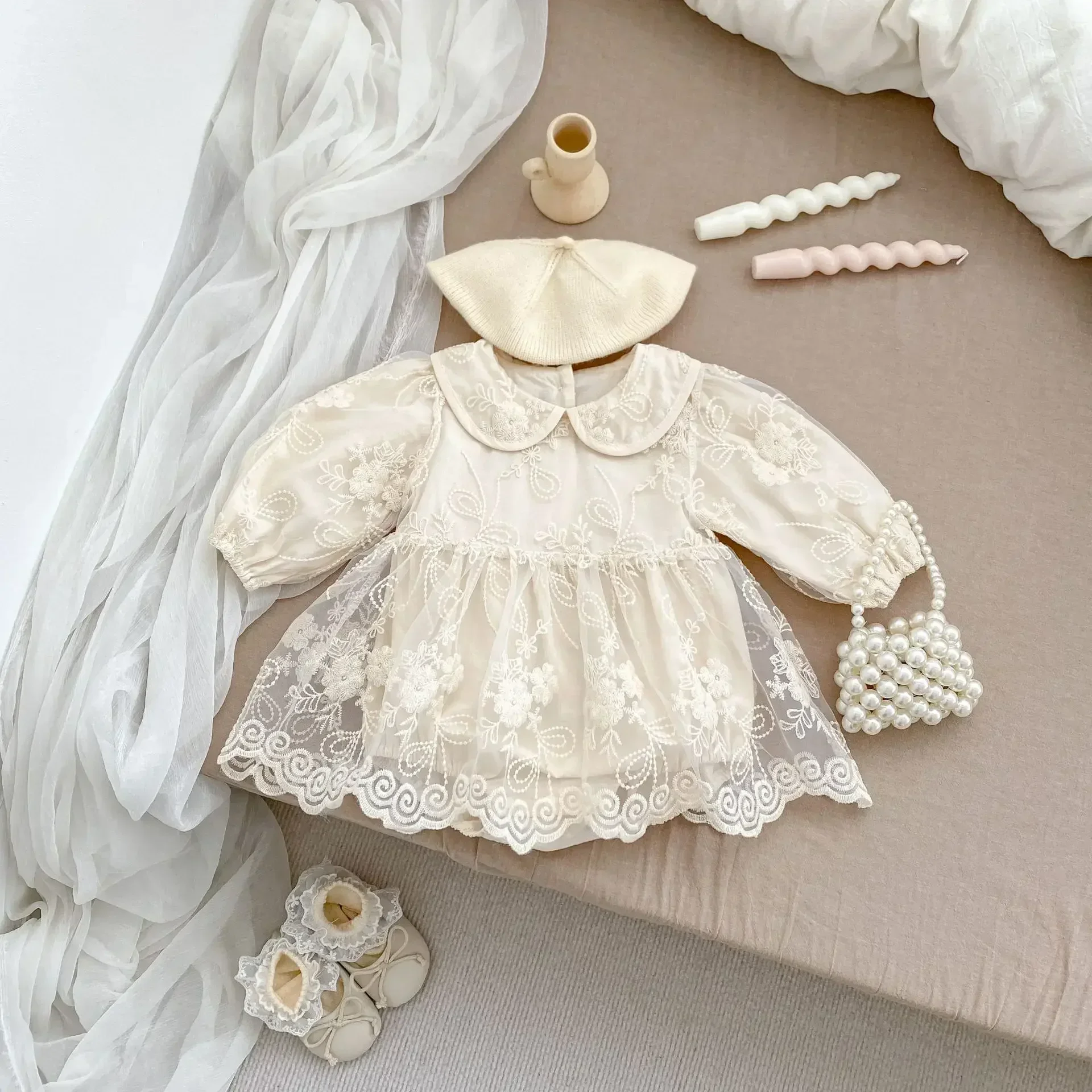 4068 Baby Romper Dress 2024 New Autumn Fashion Embroidered Gauze Bag Fart Skirt Baby Girl's Princess One Piece Clothes