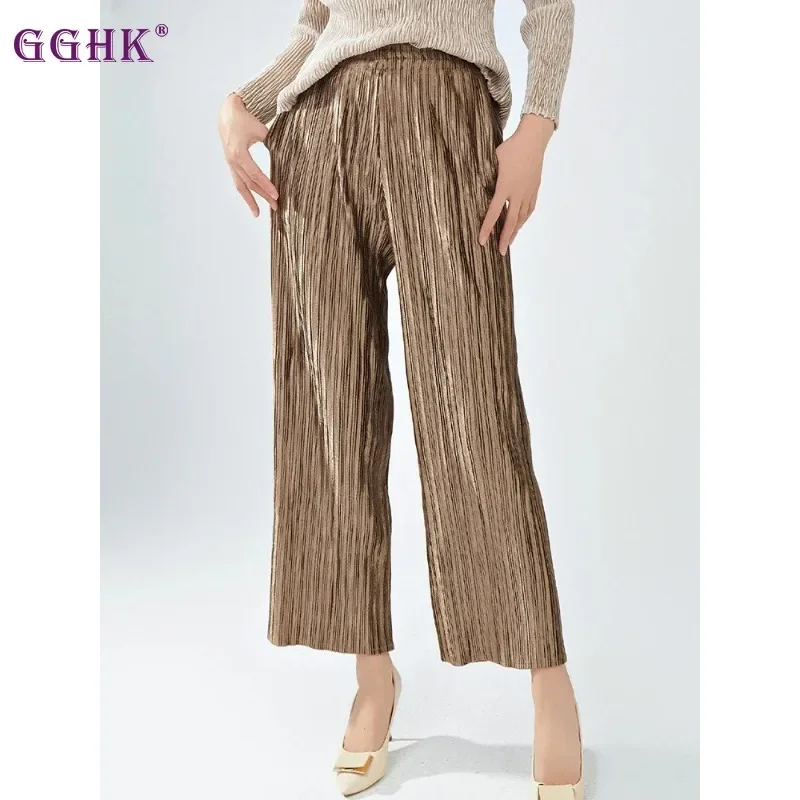 

GGHK Miyake Pleated Women Wide Leg Pants Casual Elastic High Waist Loose Solid Color Trousers Fashion 2023 Autumn New Clothing