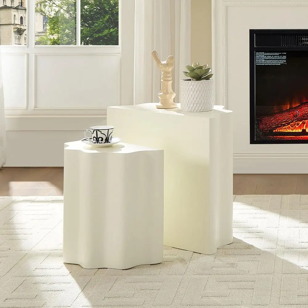 

Modern Wavy Edge Fiberglass Coffee Table Set, 2-Piece, Suitable for Small Spaces, No Assembly Required