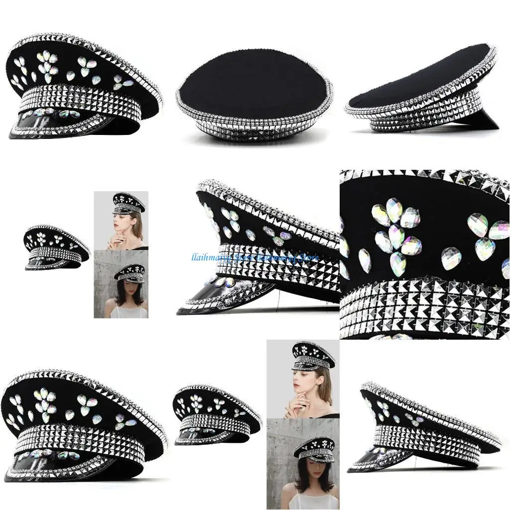 

573B Bejeweled Captain Hat Crystals Sailor Hat for Disco House Cocktail Parties Vacation Sparkly Crystals for Bride