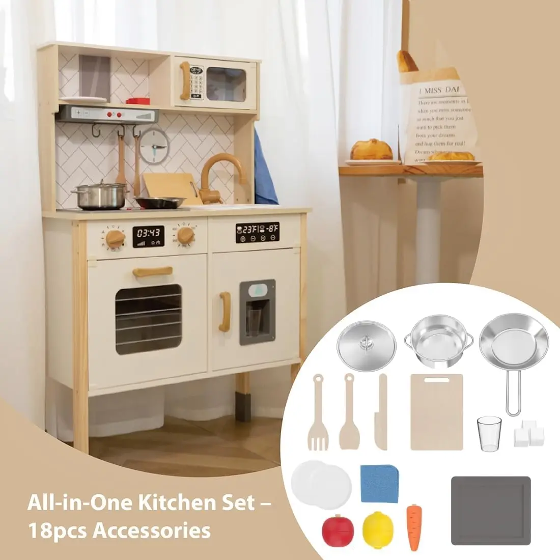 Ensemble de jeu de cuisine en bois pour enfants, cuisinière réaliste, hotte de cuisine, four, machine à glaçons, micro-ondes, évier, lumière & S