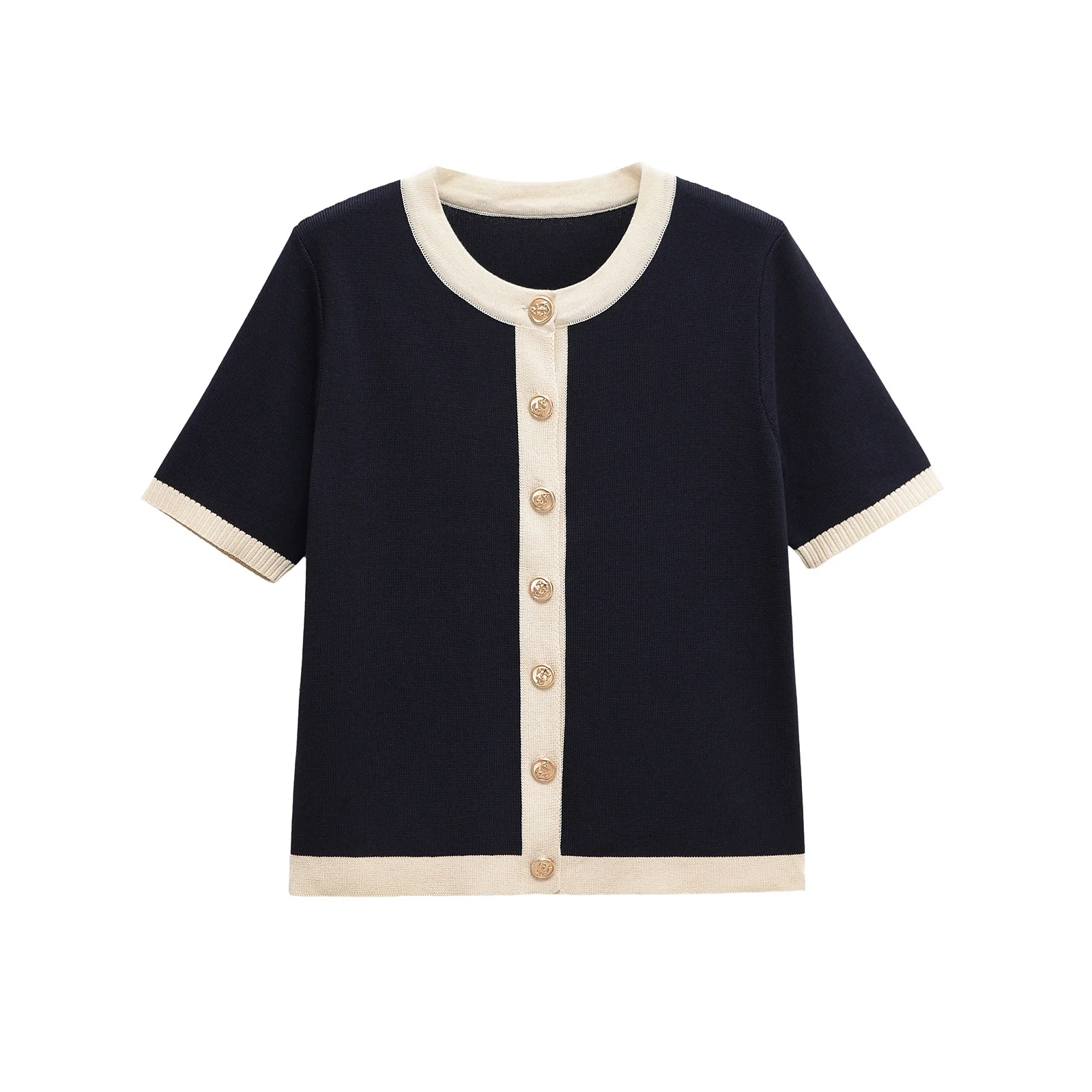 

Women's Contrast Color Knitted Cardigan Round Neck Short Sleeve Single Breasted Top Spring Summer New Casual Chic Jacket