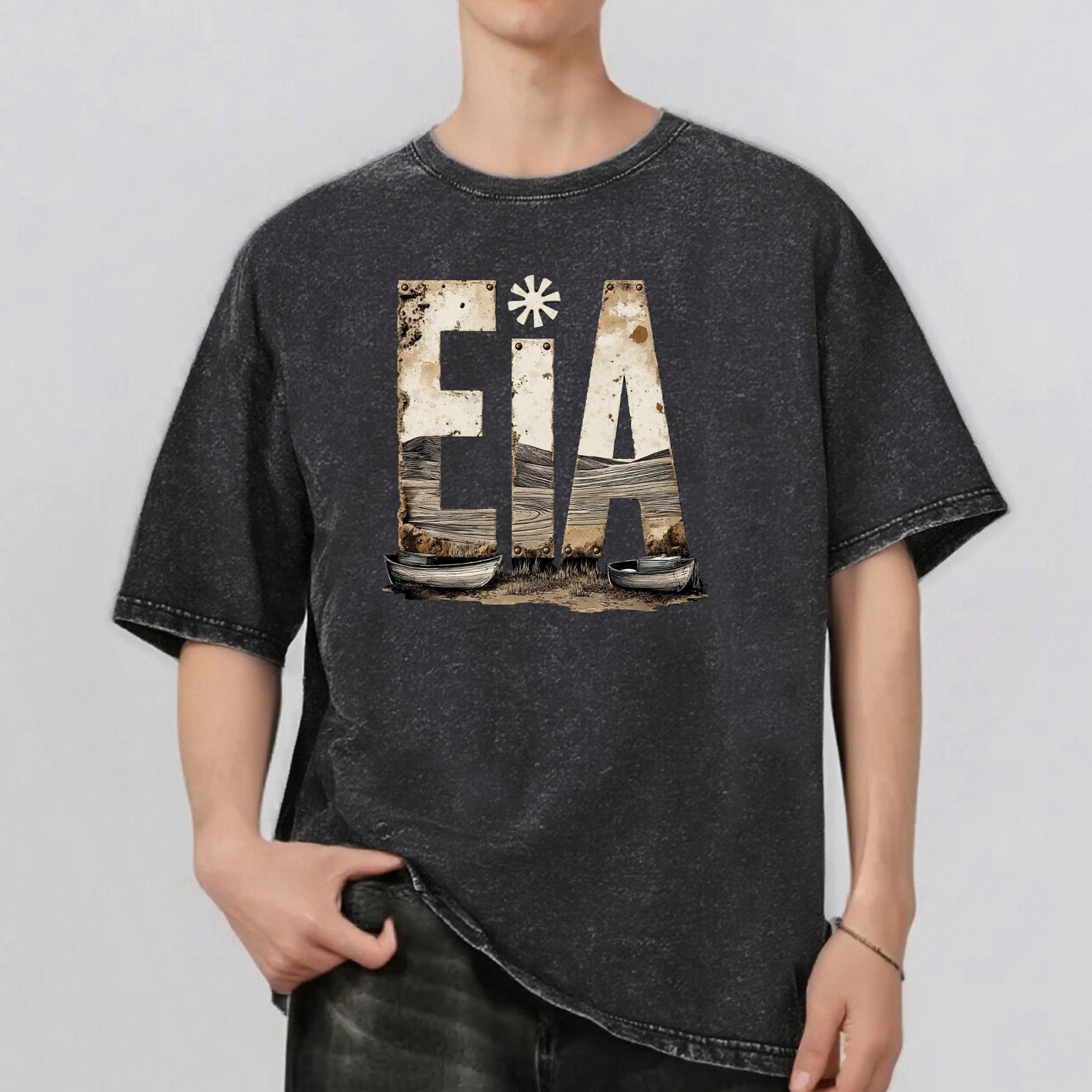 EIA نمط Rint الرجال الصيف ريترو ستايل غسلها المياه تي شيرت عادية قصيرة الأكمام الأساسية الرجال أعلى 230 جرام #1