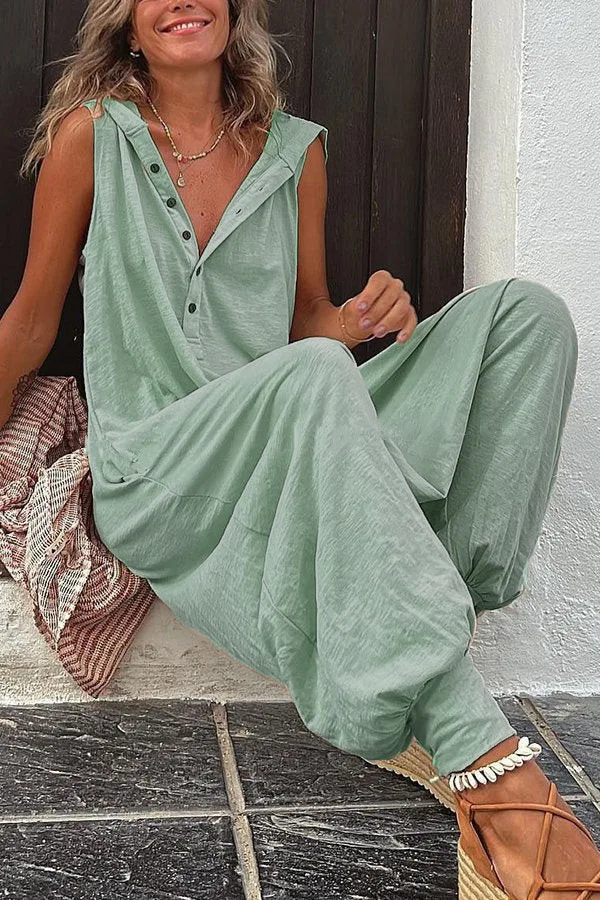 Damen Sommer Ärmelloser Lässiger Kapuzen-Jumpsuit V-Ausschnitt Lose Haremshose Einteiler für Urlaub und Alltag – Detail 12