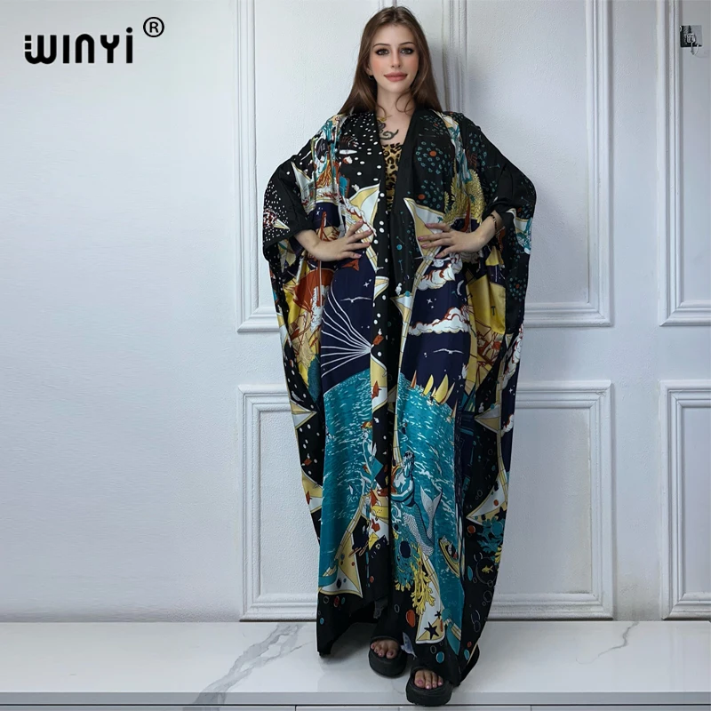 WINYI Africa fashion Beach cover up Boho flower print Cover Up Cardigan elegant Holiday Kimono beach outfits women kaftan dress