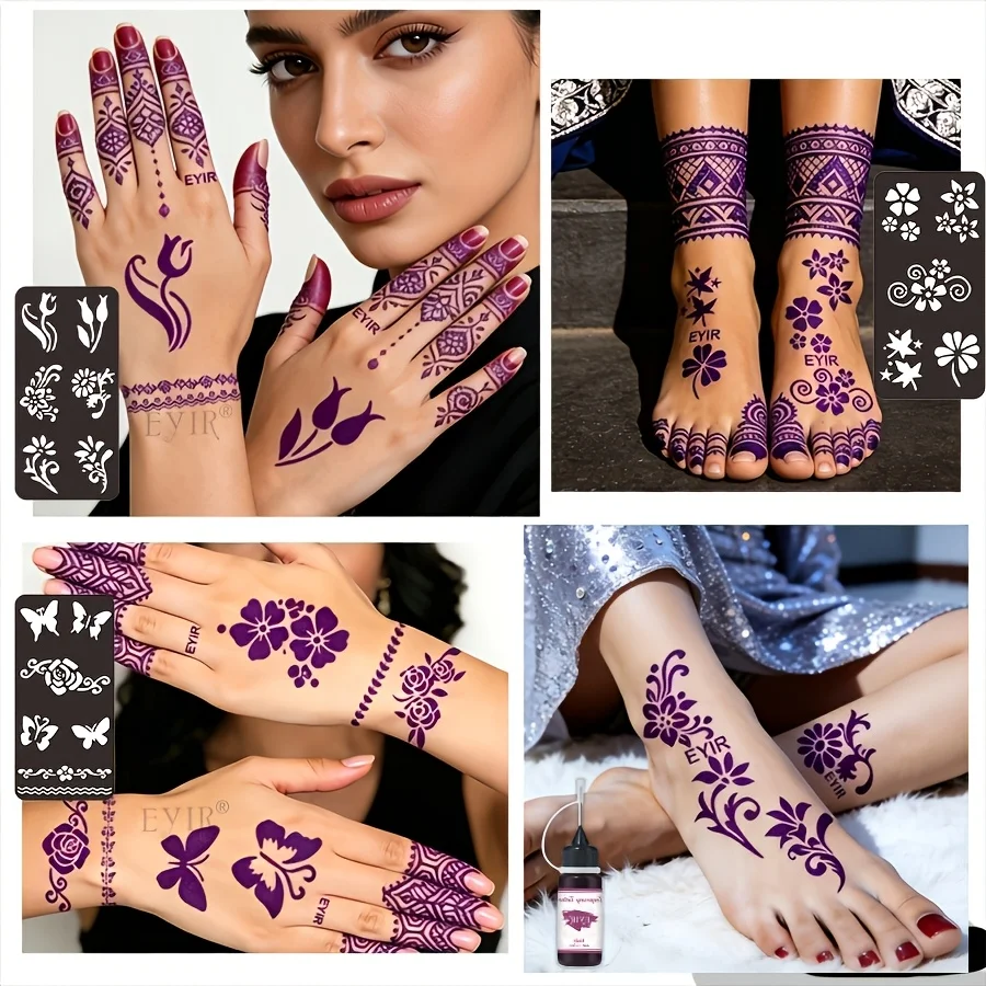 EYIR 7 Colors Temporary Tattoo Ink Set With Reusable Floral Stencils Henna Body Art DIY Kit Waterproof Hand Arm Decoration
