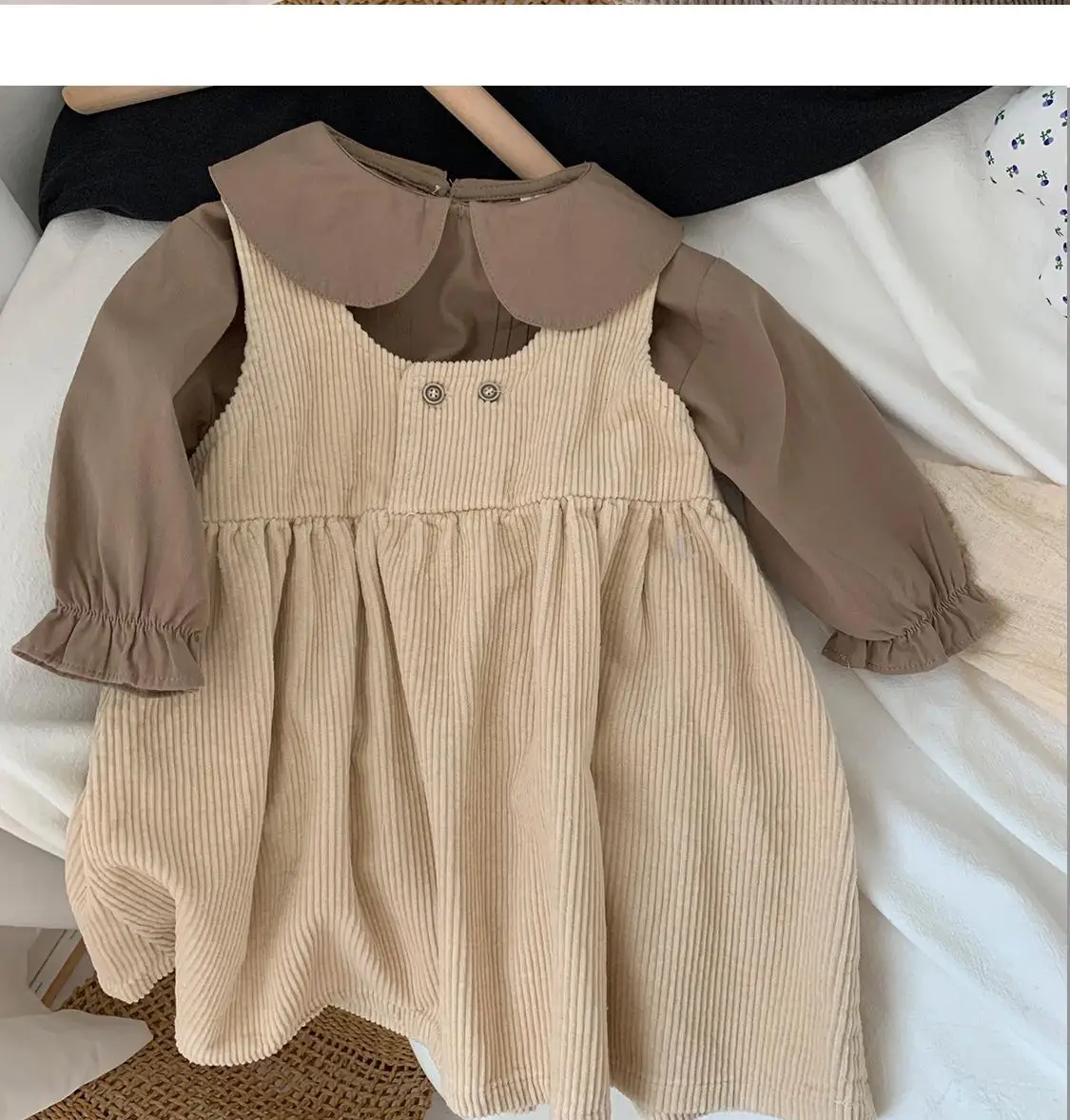 Baby Girls Sleeveless Dress Spring and Autumn New Baby Corduroy Dress Children\'s Lapel Loose Dress+T-shirt Set Kids Clothing Set