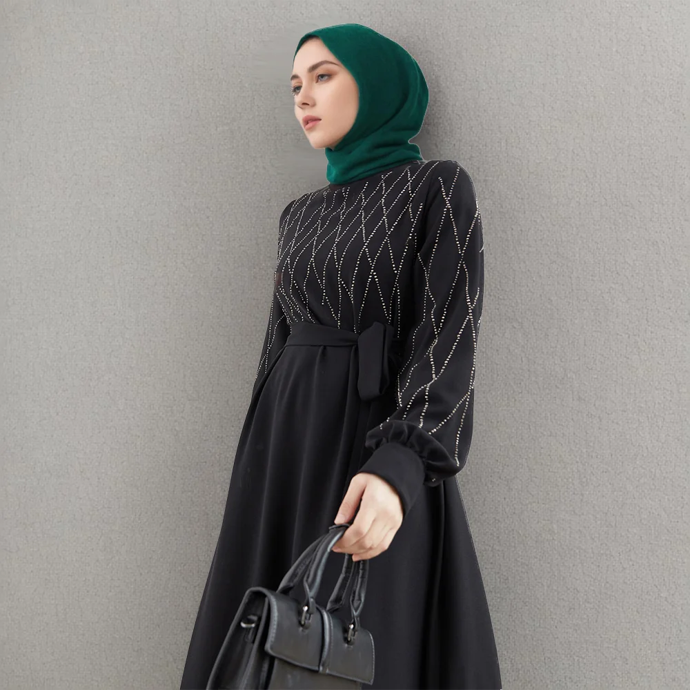 RIMAIRE Pure Color Muslim Abaya with Diamond Decoration Loose Robe for Women Lantern Shape Sleeves Fashion Comfortable Abaya