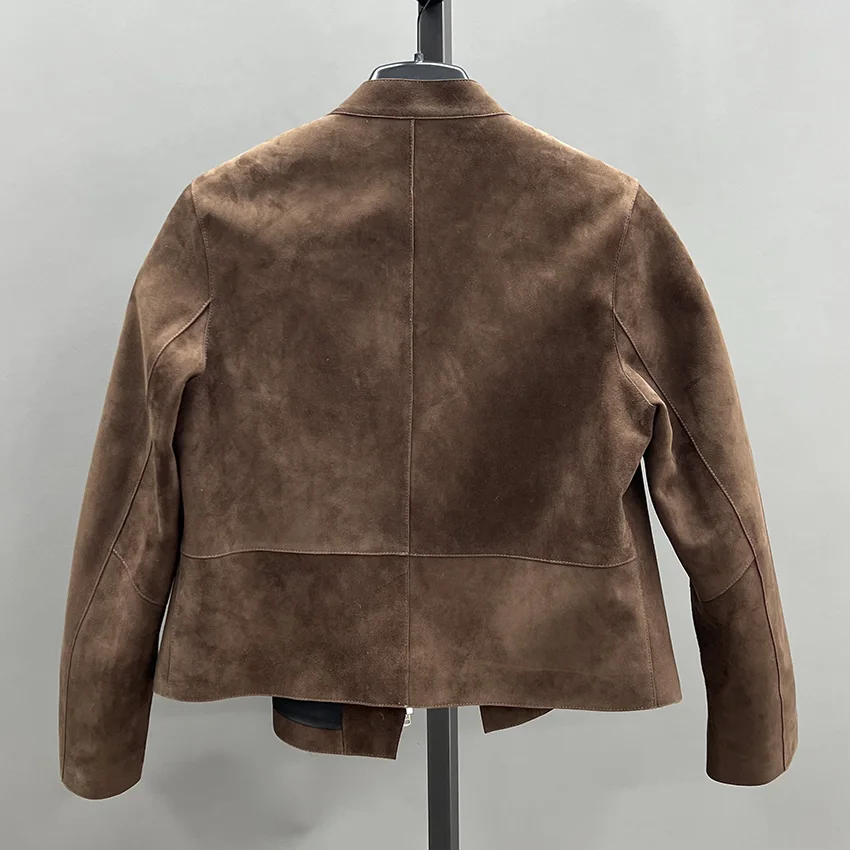 JANEFUR Women's Spring Chic Brown Short Genuine Leather Jacket Autumn Real Leather Sheepskin Overcoat JFB6-25003