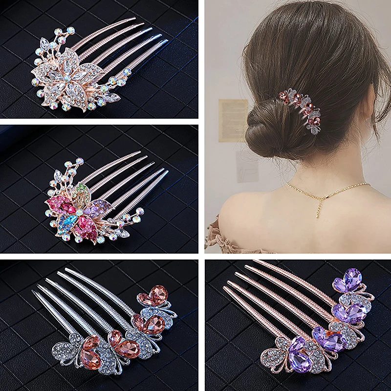 Vintage Crystal Flower Hair Clips Korean Style Fashion Pearl Rhinestone Hair Combs Shiny Hairpins For Women Hair Accessories