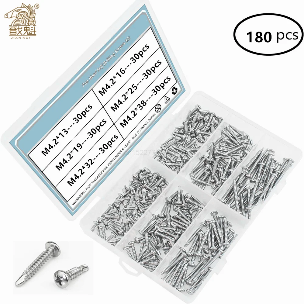 180pcs Cross Recessed Phillips Pan Head Self-Drilling Tapping Screw Thread 410 Stainless Steel M4.2 Self Drilling Screw