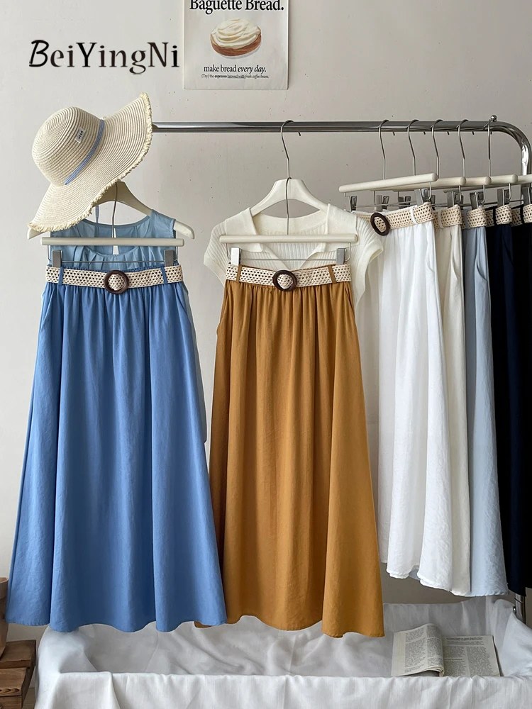 

Beiyingni 2025 Summer New Fashion Women Pleated Midi Skirts Lazy Vacation Plain Leisure Vintage High Waist Skirt With Belt Falda