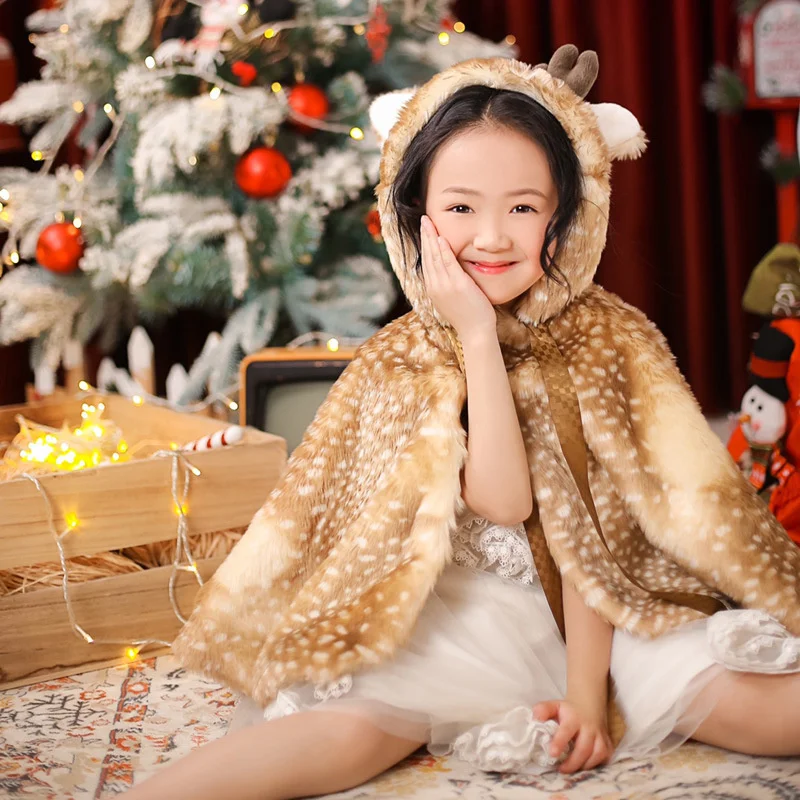 Girls Shawl Coat Jacket Outerwear 2022 Warm Deer Thicken Velvet Hairy Winter Autumn Christmas Gift Children\'s Clothing