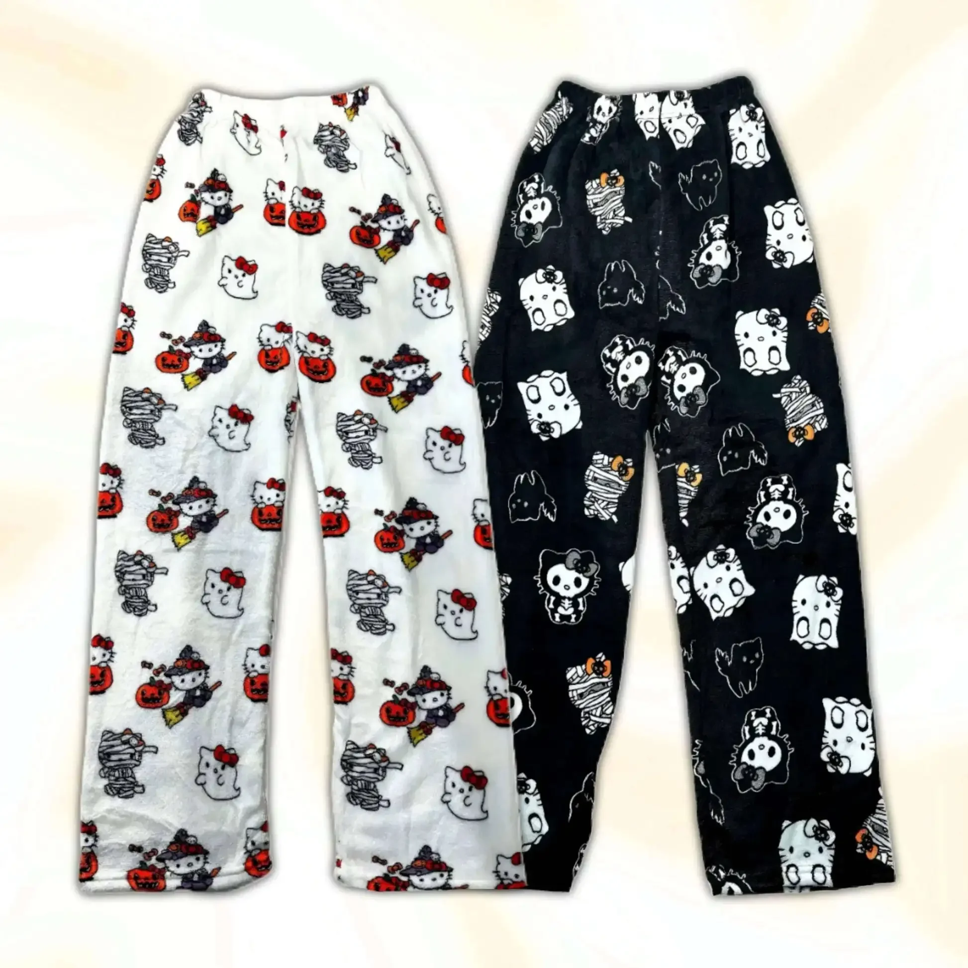 Hello Kitty Halloween Pumpkin Witch Mummy Print Flannel Pajama Pants Womens Wide Leg Soft Flannel Sleepwear Home Trousers Gift
