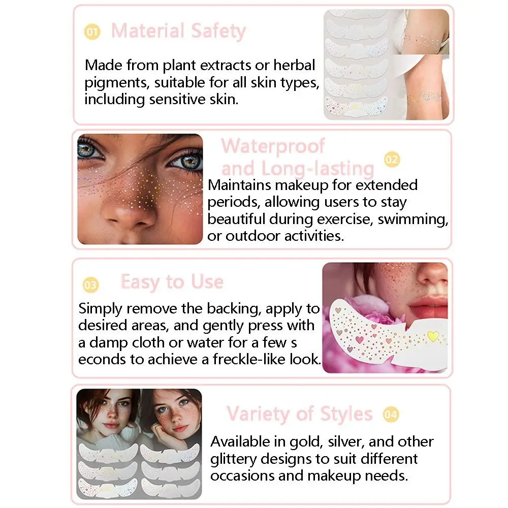 6 Sheets Creative Glitter Freckles Stickers Heart Star Pattern Waterproof Temporary Tattoo Stickers Shiny Glitter Hot Stamping