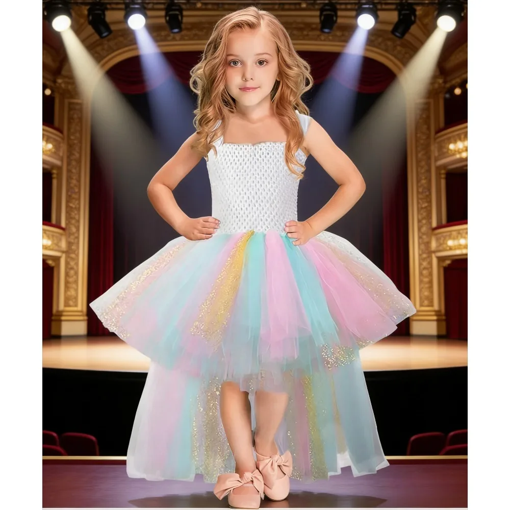 

Платье-пачка из сетки с подкладкой для девочек, асимметричное, для принцесс, на вечеринку, Новый год, День рождения, Хэллоуин, для выступлений, костюм, одежда