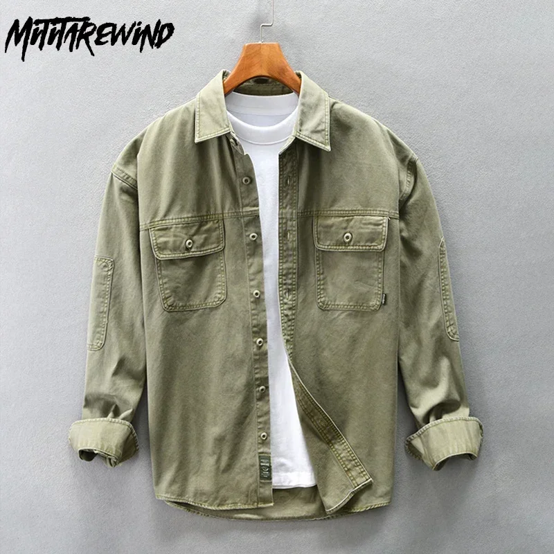 Japanese Style Cargo Shirt Men Spring Fall Casual Pure Cotton Men's Clothing Double Pockets Long Sleeve Gray Shirt Loose Shirts