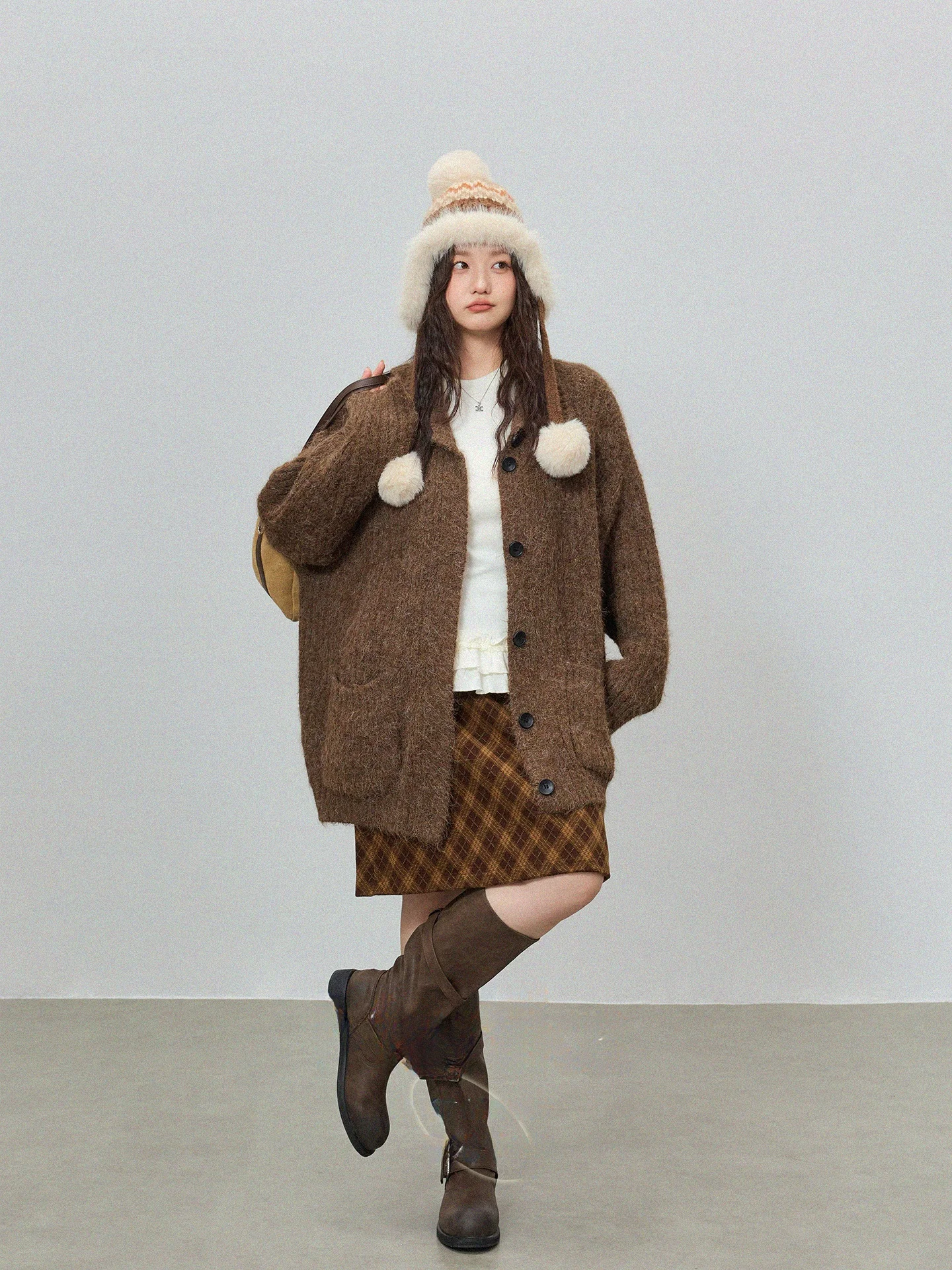 Cárdigan largo de punto para mujer de talla grande, color marrón, estilo coreano, para invierno, nuevo, para mujeres con forma de pera