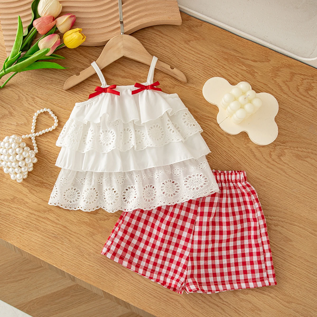 Summer New Bow Strap Baby Girl Two-Piece Set Cute Checkered Children'S Clothing (6 Months -3 Years Old)