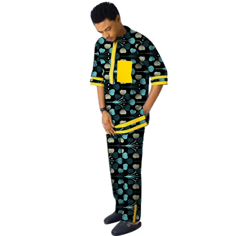 Half Sleeves Men's Sets African Design Couture Patchwork Tops+Solid Trousers Wedding Groom Suits Tailored