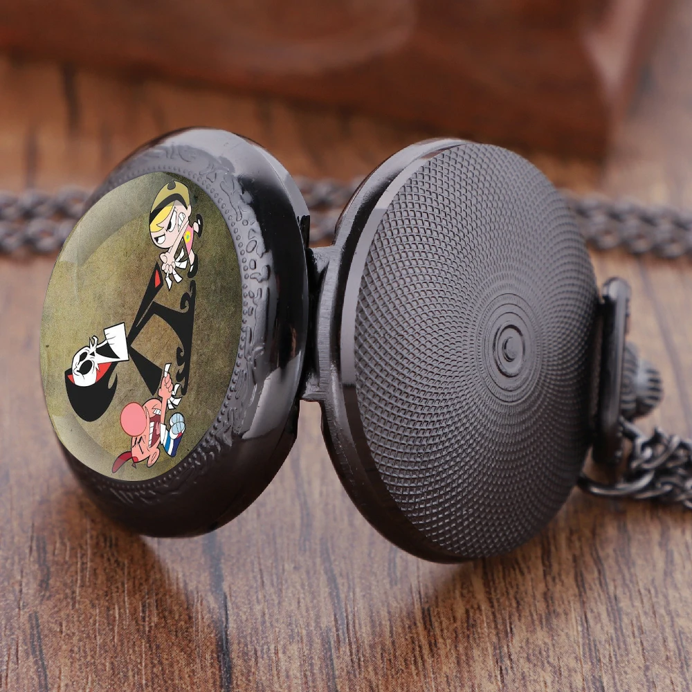 

Billy e Mandy Glass Dome Quartz Pocket Watch With Durable Chain Arabic Numeral Dial Halloween Gifts for Men Women Kids