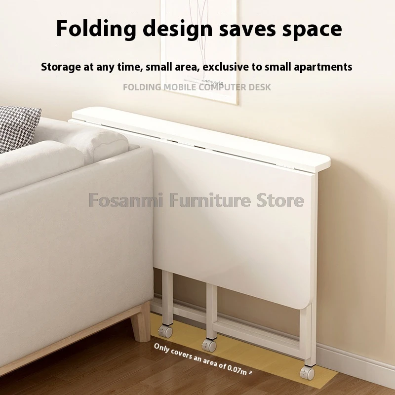 مكتب مكتب منزلي بسيط قابل للطي مع مساحة تخزين، مكتب كمبيوتر صغير قوي ومحمول، طاولة ألعاب للكتابة باللون الأبيض مع عجلات
