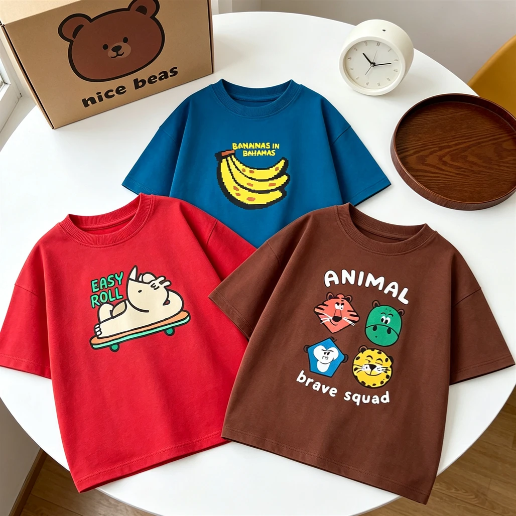 Short Sleeve Tops Children New Design Tshirt Summer Clothes Baby Boys Girls Lovely Fashion Wear Toddler Blue Red Brown Tees