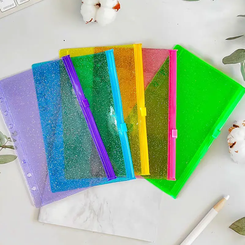 5pcs/Lot A6 Colorful Glitter Binder Pockets Binder Waterproof Zipper Folders For 6-Ring Notebook PVC Leaf Document Filing Bag