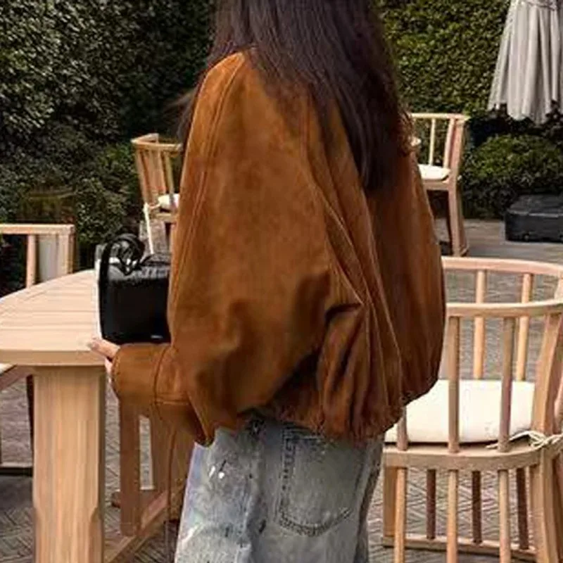 Veste marron en cuir rétro pour femmes, manteau court tendance en daim avec cordon de serrage, Silhouette, Streetwear, Chill Casaco Femini