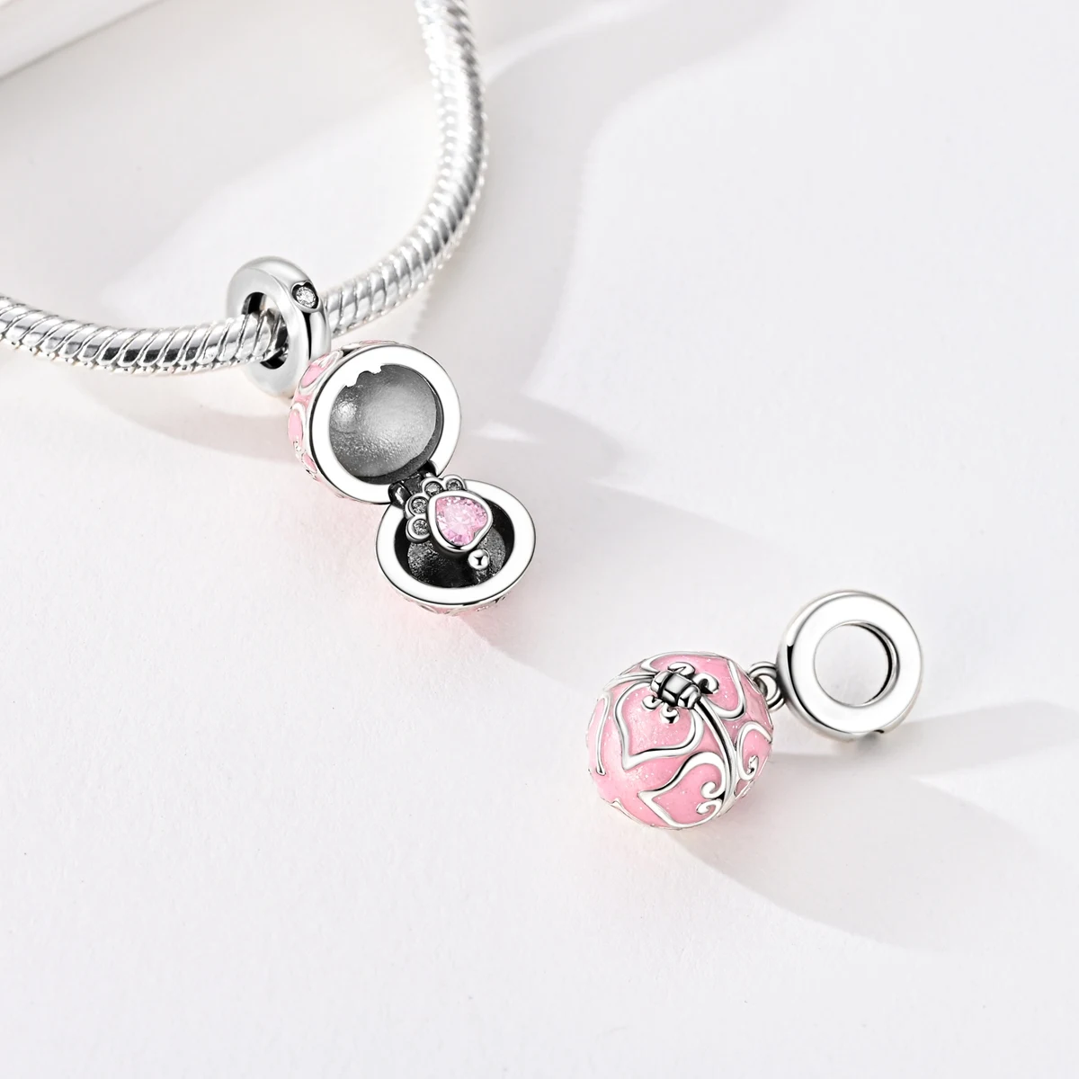 925 Sterling Silver Paw Print Heart Easter Egg Charm Pink Enamel Dangle Bead Fit Bracelet Necklace Women DIY Easter Jewelry Gift