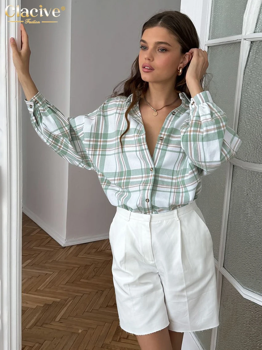 

Clacive Fashion Loose Plaid Cotton Women's Shirt 2025 Casual Lapel Long Sleeve Blouse Elegant Classic Blusas Top Female Clothing