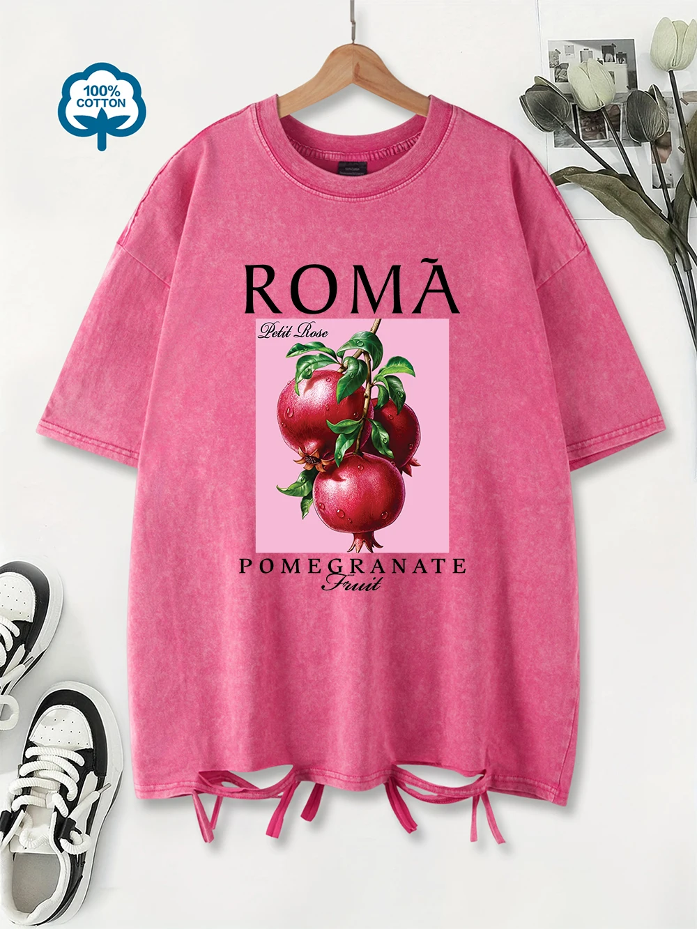 

Roma Fruit Pomegranate Prints Washed T-Shirt Womens Cotton Oversized Tops O-Neck Comfortable Distressed T Shirt Summer Clothes
