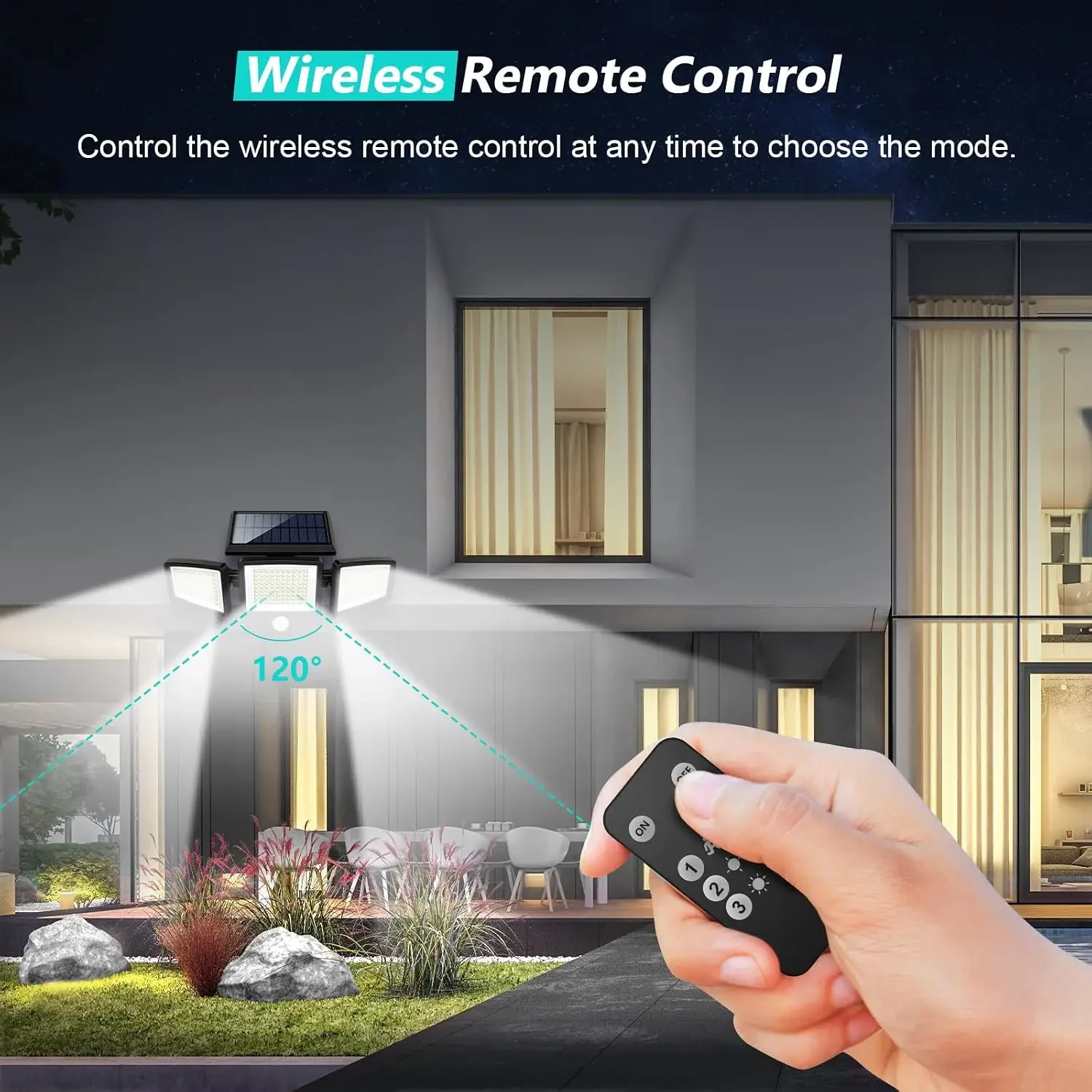 Solar Outdoor Lights 2500LM 210 LED Security Lights with Remote Control,3 Heads Motion Sensor Lights, IP65 Waterproof,270°