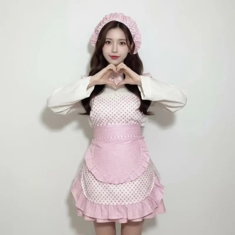 2 قطعة فستان وردي جميل على الطراز الياباني للنساء كشكش خادمة المئزر أغطية الرأس الفرنسية زي خادمة للاستخدام اليومي أو الحفلات