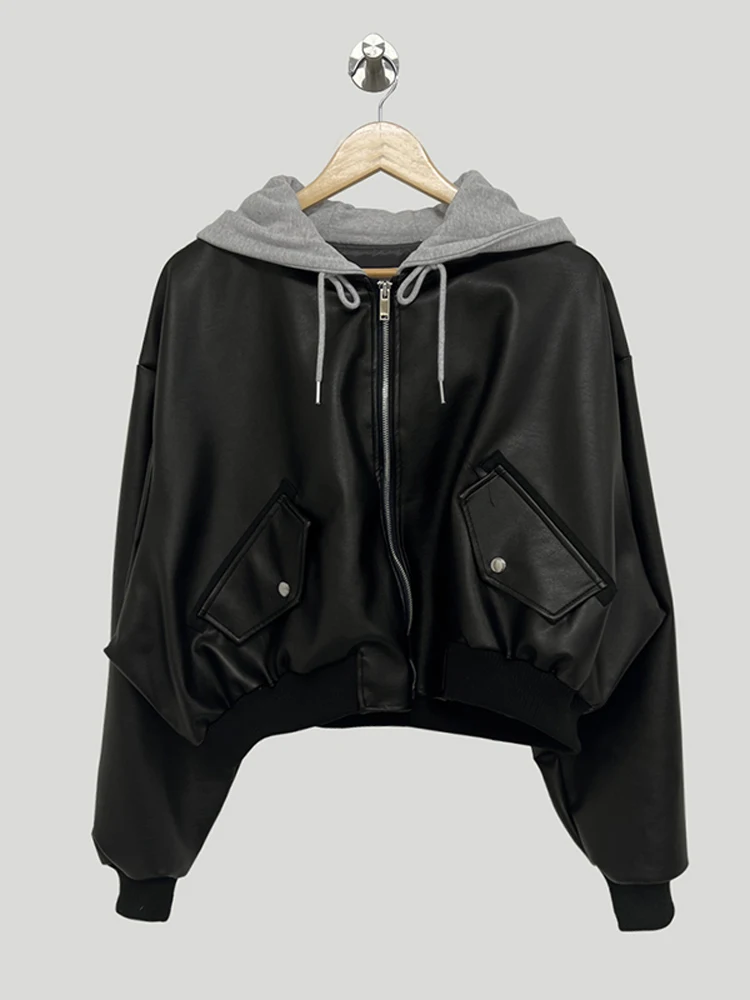 Faux Pu Leren Jas Vrouwen Koreaanse Mode Capuchon Met Rits Korte Jassen Dames Herfst Vintage Lange Moto Biker Bovenkleding