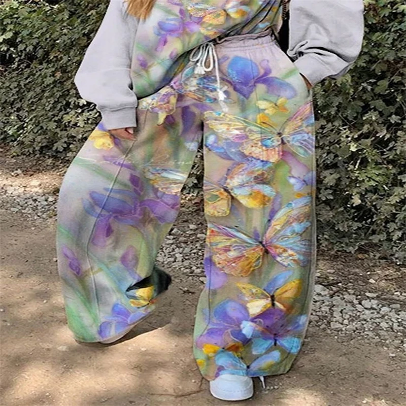 Vintage Butterfly Print Pullovert And Pant Women Harajuku Sweatshirts+Sweatpants Set Hip Hop Streetwear Clothes