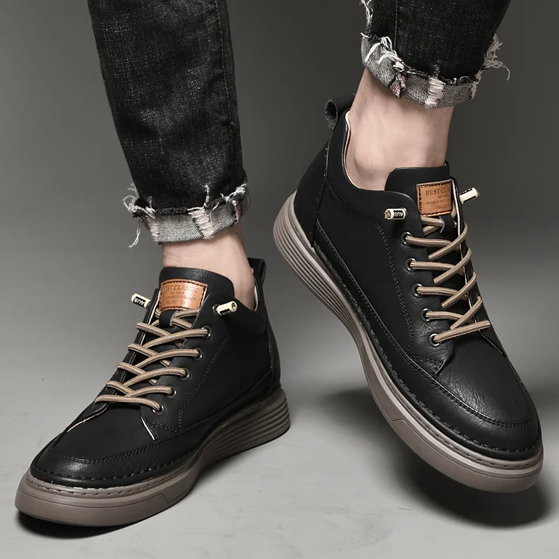 Chaussures en cuir véritable pour hommes, baskets de skateboard, chaussures de sport, chaussures de tennis, ascenseur recommandé, augmentation de 6cm, 2023