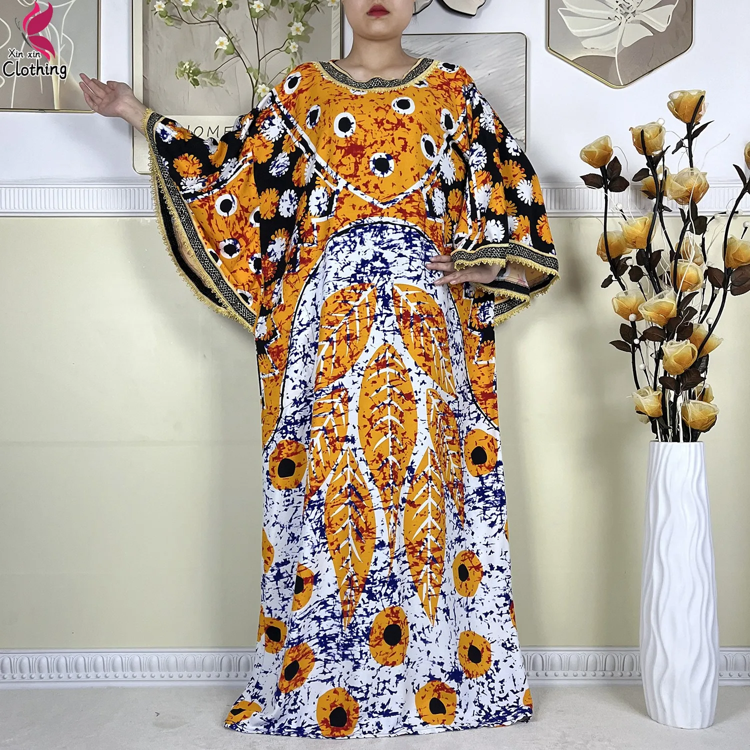 2024 African Abaya For Women Dashiki Dubai New Cotton Batwing Sleeve Loose Femme Robe Printed Caftan Islam Dresses With Hijabs