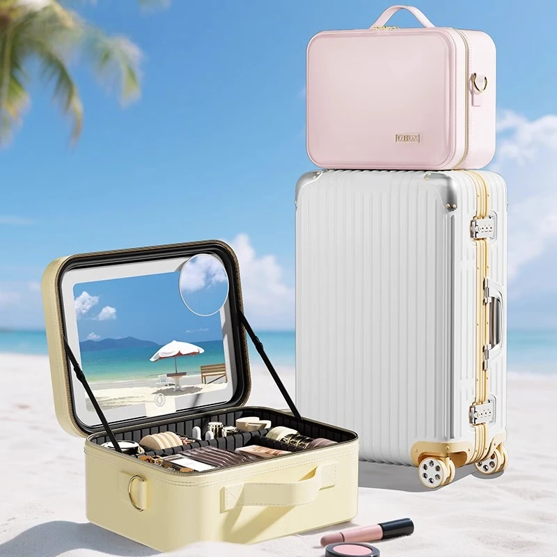 With mirror cosmetic bag ins new hanging suitcase for travel portable brush partition storage cosmetic case
