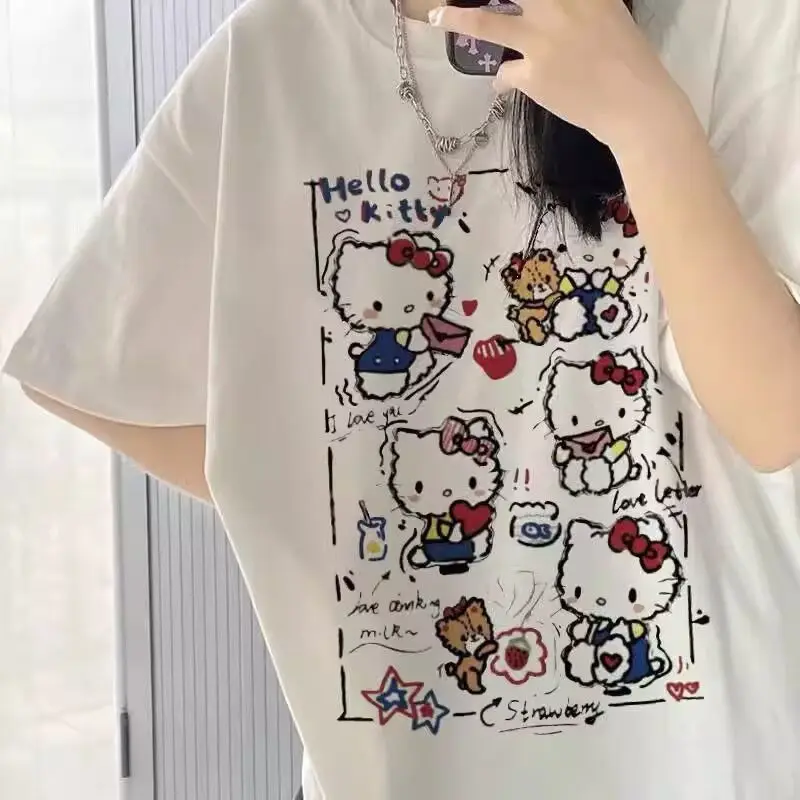 

Sanrio Hello Kitty футболки аниме мультфильм чистый кавайный хлопок универсальные большие доски свободные мягкие удобные милые студенческие топы для девочек