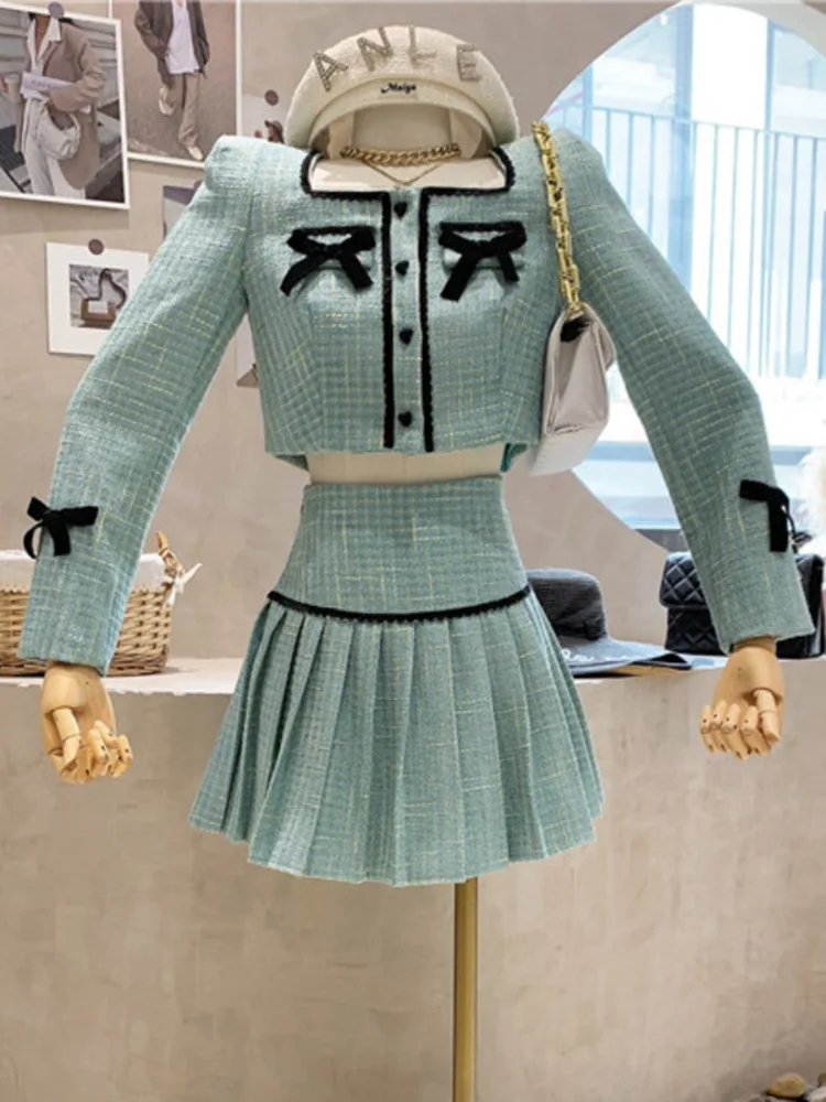 

Маленький ароматный твидовый костюм с коротким жакетом с бантом и юбкой, милый костюм в Корейском стиле, французские винтажные комплекты из двух предметов