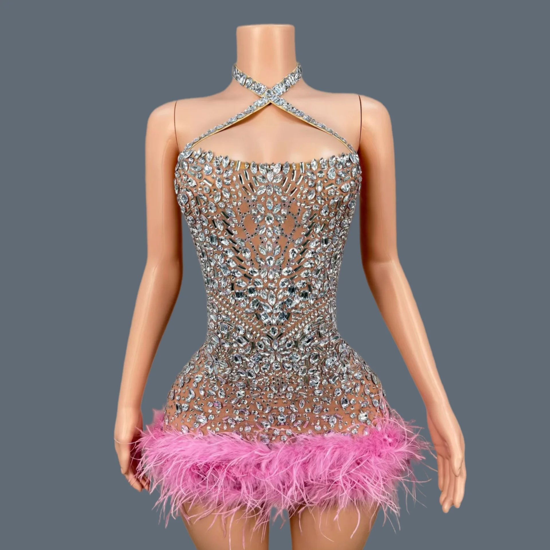 

Sparkly Silver Rhinestone See Through Sheer Outfit Mesh Mini Dress Pink Feather Trim Party Dance Wear Club Sexy Costume Taohua