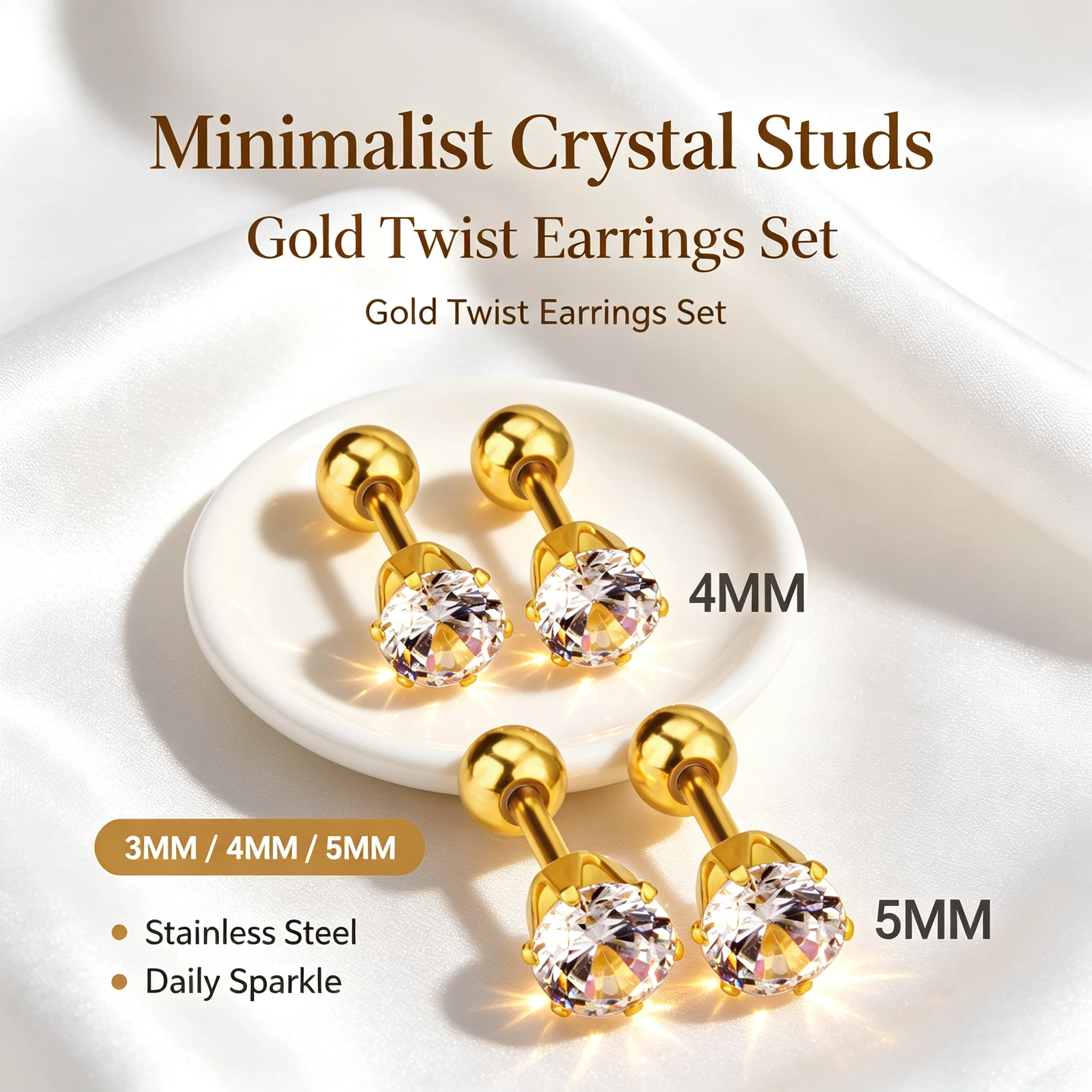 Gold Screw Back Zircon Stud Earrings, Stainless Steel 4/5MM Round CZ Cartilage Piercing Anti-allergy Tiny Ear Jewelry