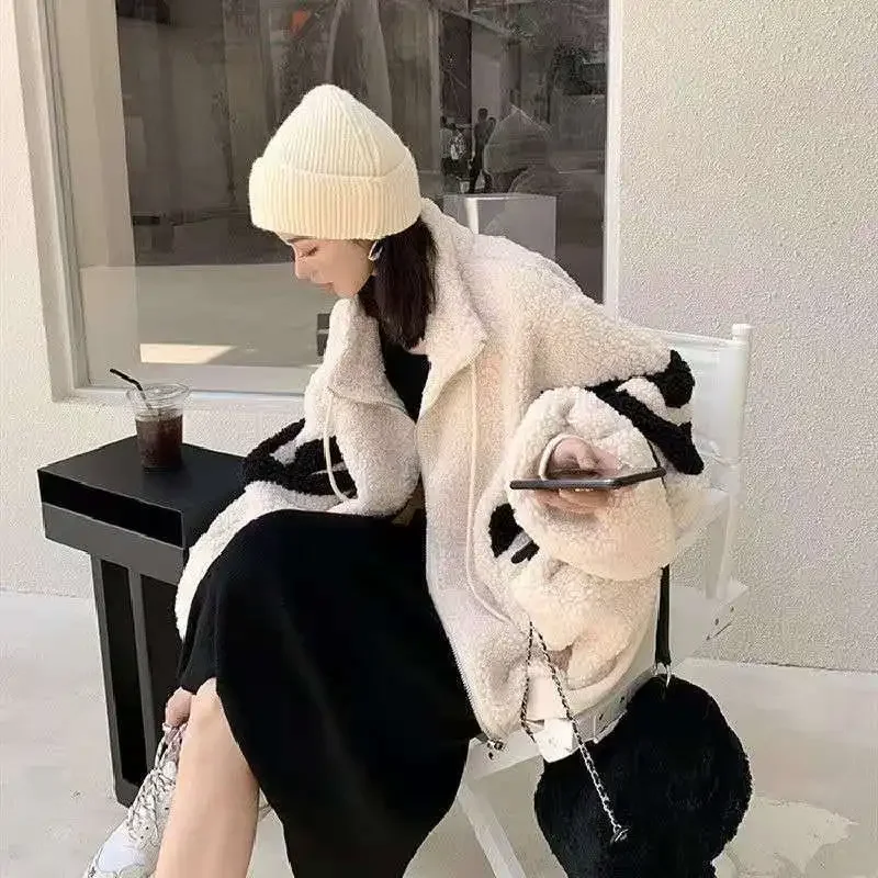 Ins Autumn Kawaii Teddy Bear Fur Oversize Hoodies Harajuku Women Bomber Jacket Faux Lambs Coat Fleece  Streetwear