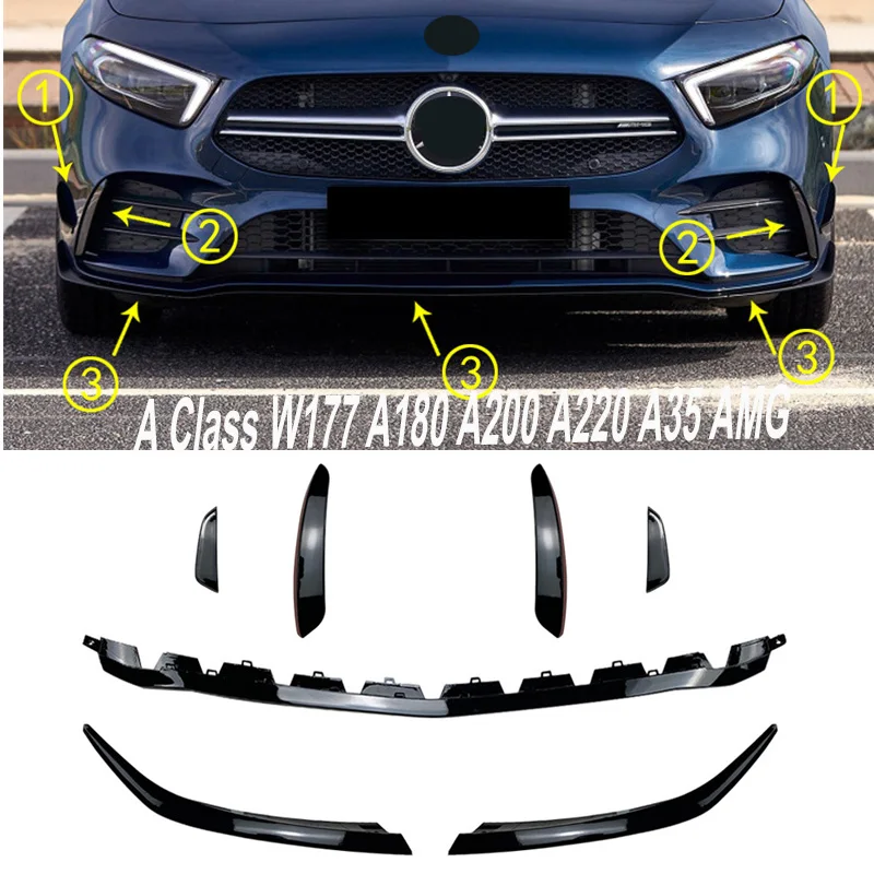 7PC Front Bumper Diffuser Side Splitter 2018+ For Mercedes Benz A Class W177 A180 A200 A220 A35 AMG Spoiler Lip Canards Fin