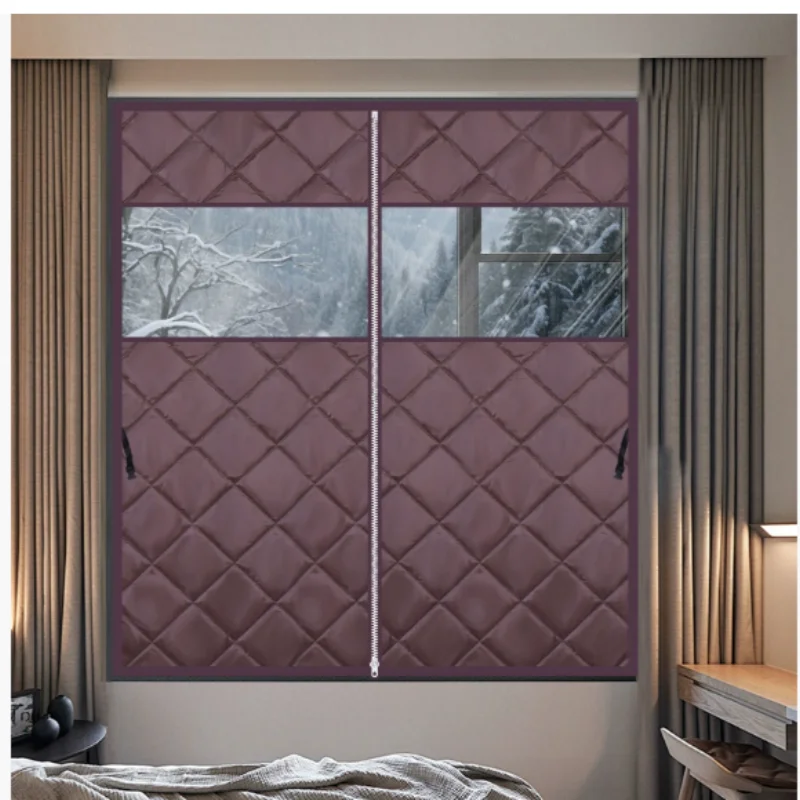 Winter New Thick Cotton Windproof and Cold Proof Curtains, Home Bedroom Partition Warm Curtains, Self-adhesive, Zipper Window
