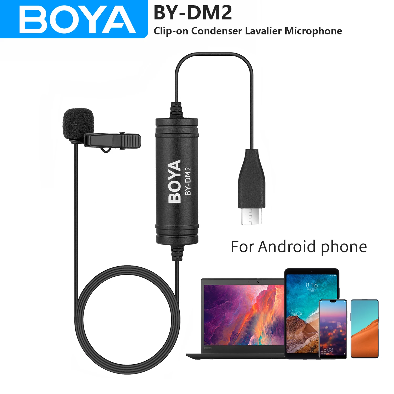 

BOYA BY-DM2 USB Type-C Clip-on Condenser Lavalier Lapel Microphone for Android Mobile Huawei Xiaomi Samsung Youtube Streaming