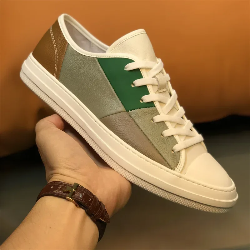 High Quality Men's Genuine Leather Shoes Color Matching Breathable Men Fashion Board Shoes Flat Bottom Men Casual Sneakers