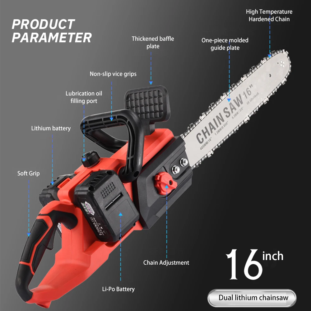 16-Inch Cordless Chain Saw Portable Electric Logging Saw for Tree Felling Rechargeable Pruning Saw Large Portable Electric Saw