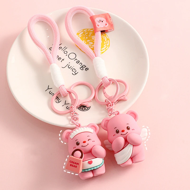 Cute Apricot Color White Gauze Angel Butter Bear Carry Handbag Keychain Hanging Pink Wearing Apron Winking Bear Doll Key Chain image 5